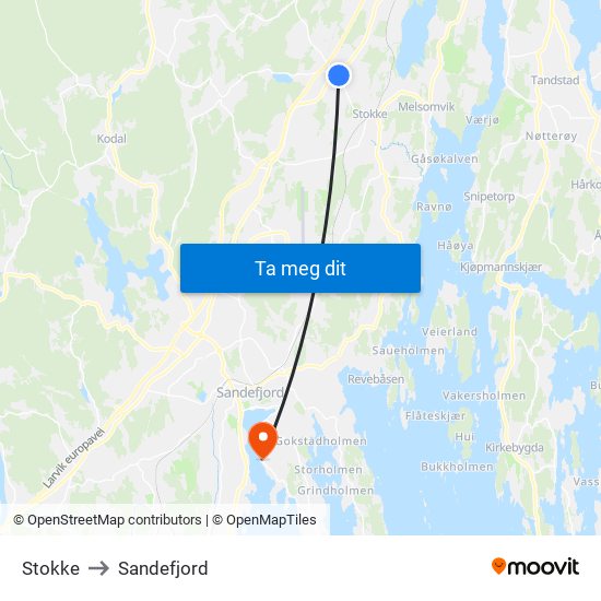 Stokke to Sandefjord map