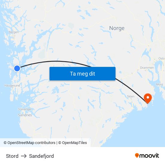 Stord to Sandefjord map