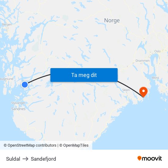 Suldal to Sandefjord map