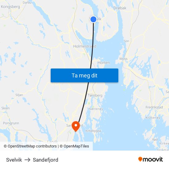 Svelvik to Sandefjord map