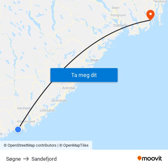 Søgne to Sandefjord map