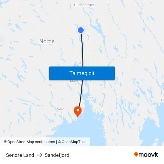 Søndre Land to Sandefjord map