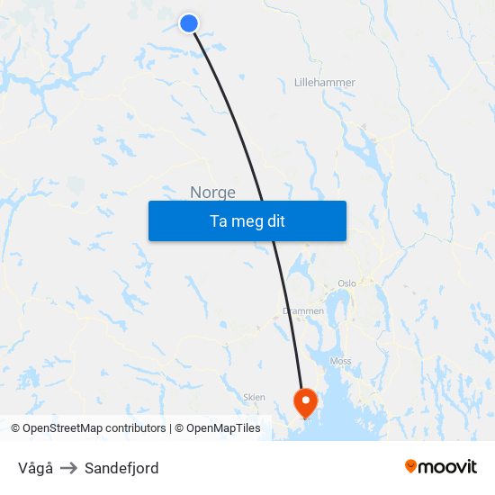 Vågå to Sandefjord map