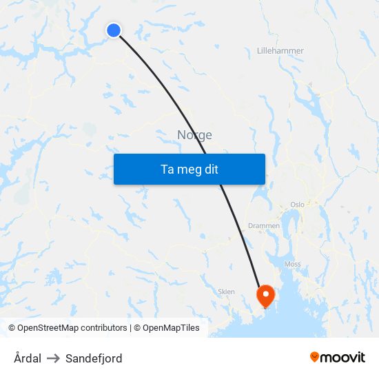 Årdal to Sandefjord map