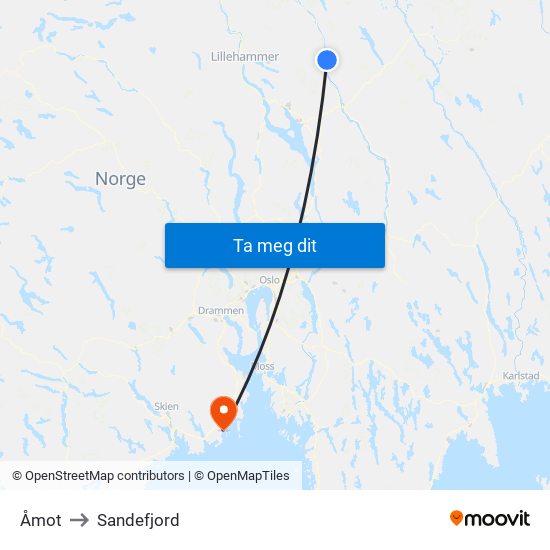 Åmot to Sandefjord map