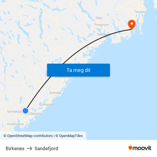 Birkenes to Sandefjord map