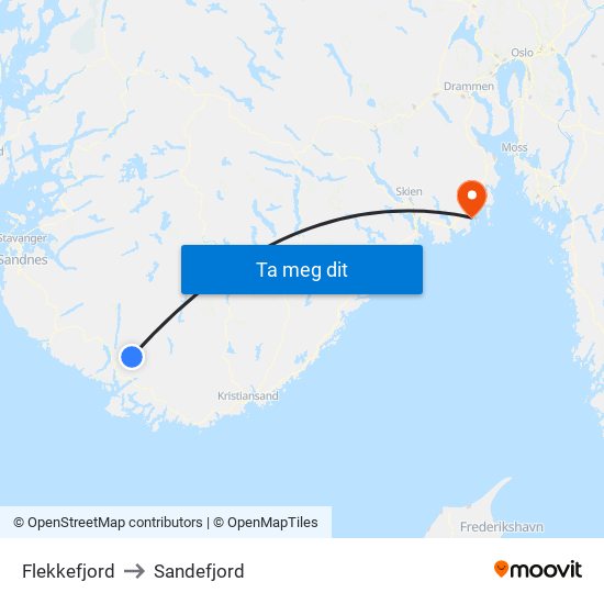 Flekkefjord to Sandefjord map