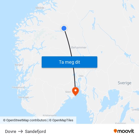Dovre to Sandefjord map