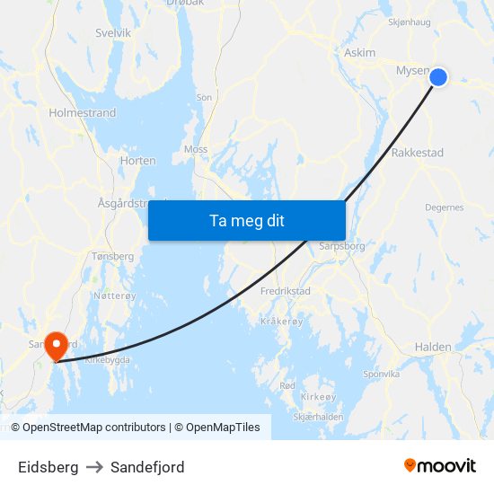 Eidsberg to Sandefjord map