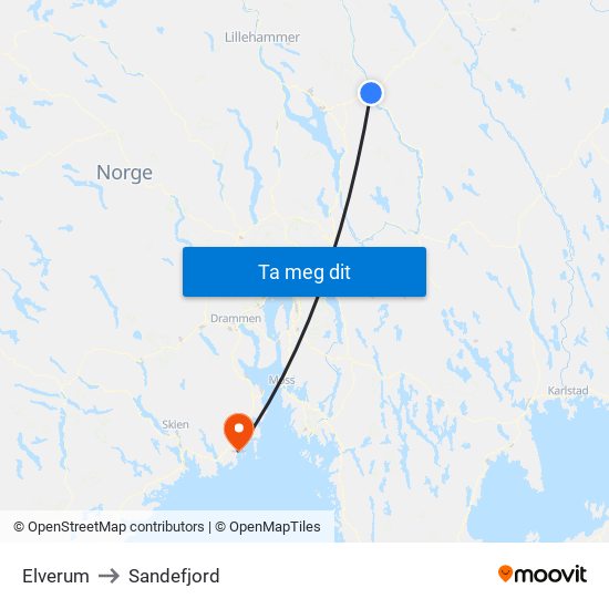 Elverum to Sandefjord map