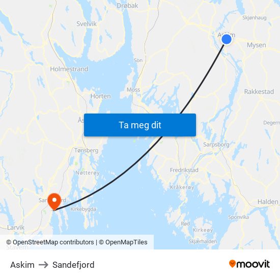 Askim to Sandefjord map