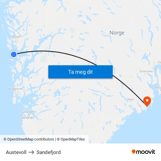 Austevoll to Sandefjord map