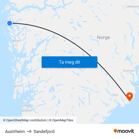 Austrheim to Sandefjord map