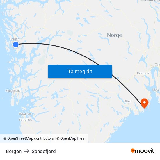 Bergen to Sandefjord map
