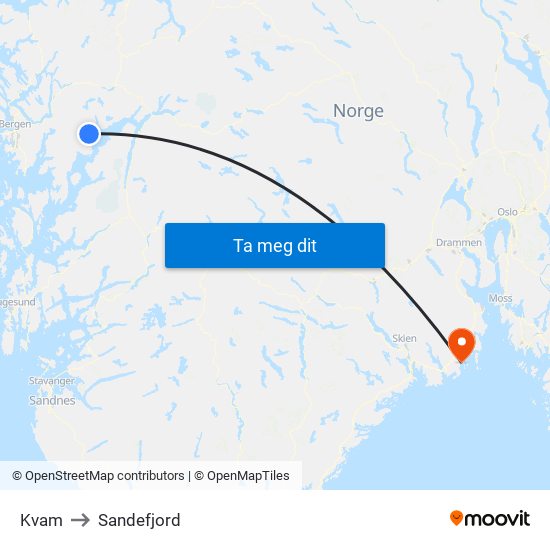 Kvam to Sandefjord map