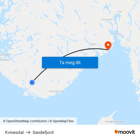 Kvinesdal to Sandefjord map