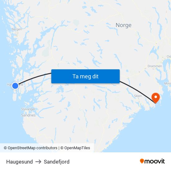 Haugesund to Sandefjord map
