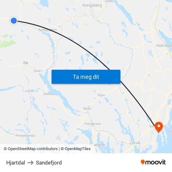 Hjartdal to Sandefjord map