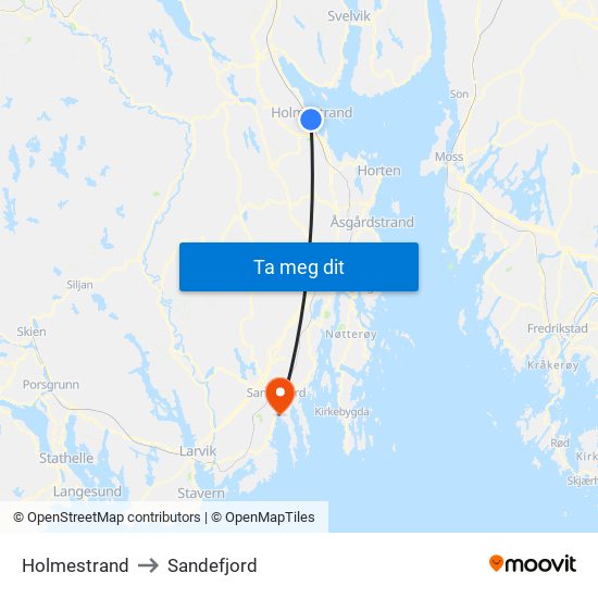 Holmestrand to Sandefjord map