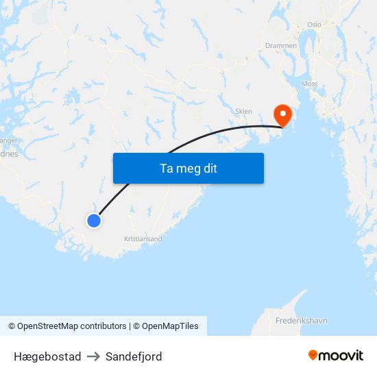 Hægebostad to Sandefjord map