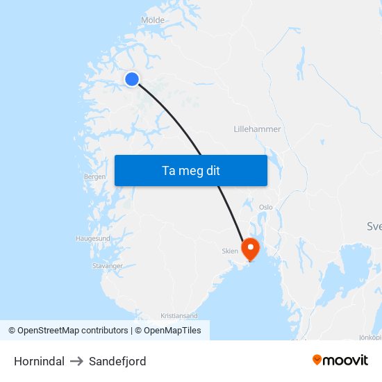 Hornindal to Sandefjord map