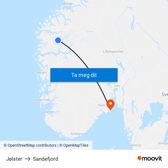 Jølster to Sandefjord map