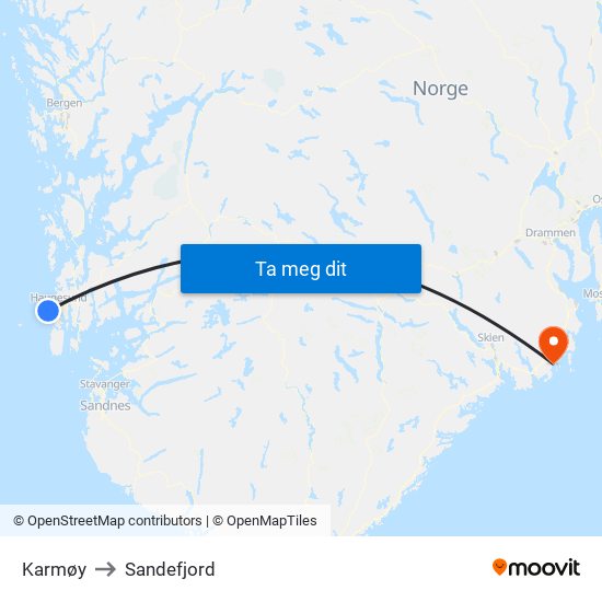 Karmøy to Sandefjord map