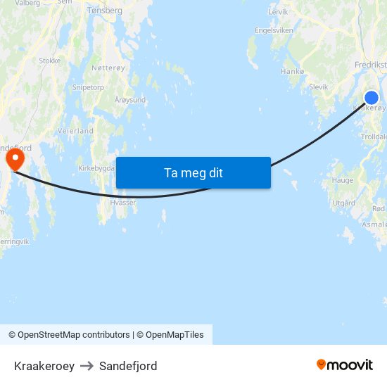 Kraakeroey to Sandefjord map