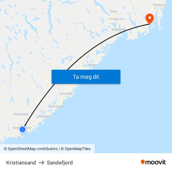 Kristiansand to Sandefjord map