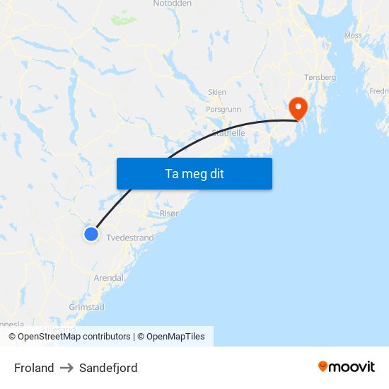 Froland to Sandefjord map