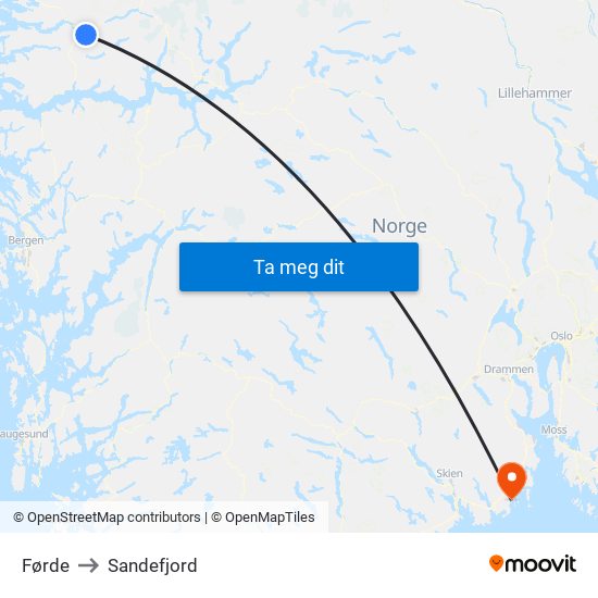 Førde to Sandefjord map