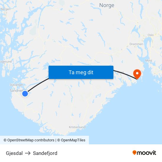 Gjesdal to Sandefjord map