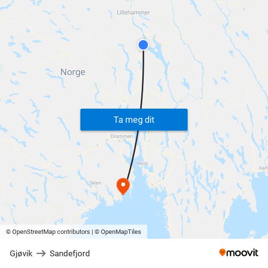 Gjøvik to Sandefjord map