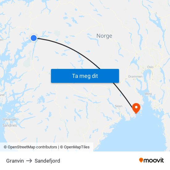 Granvin to Sandefjord map