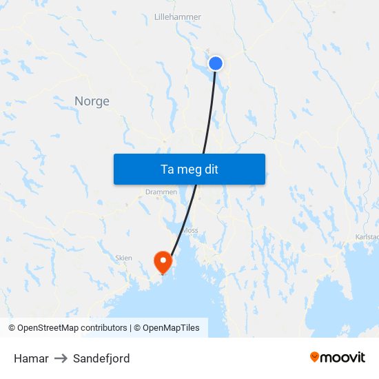Hamar to Sandefjord map
