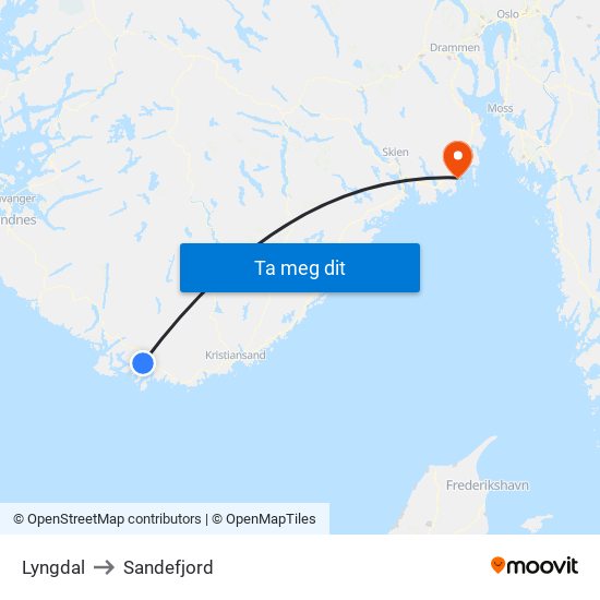 Lyngdal to Sandefjord map