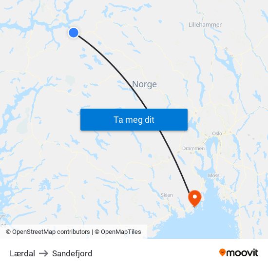 Lærdal to Sandefjord map