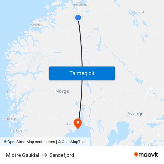 Midtre Gauldal to Sandefjord map