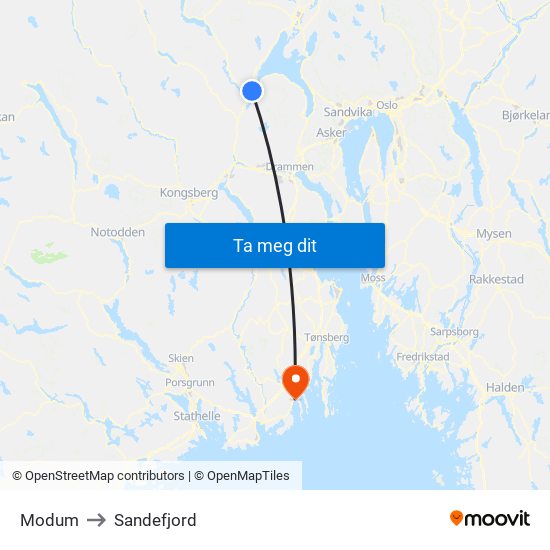 Modum to Sandefjord map