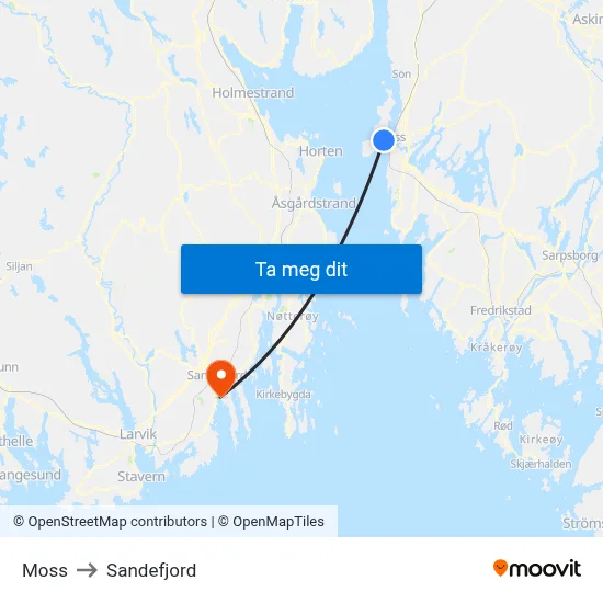Moss to Sandefjord map