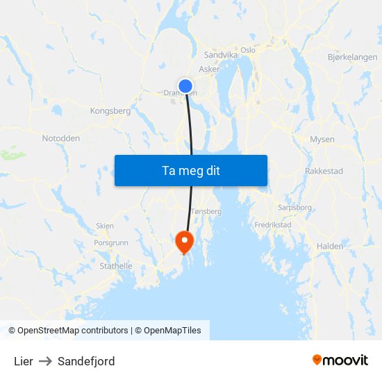 Lier to Sandefjord map