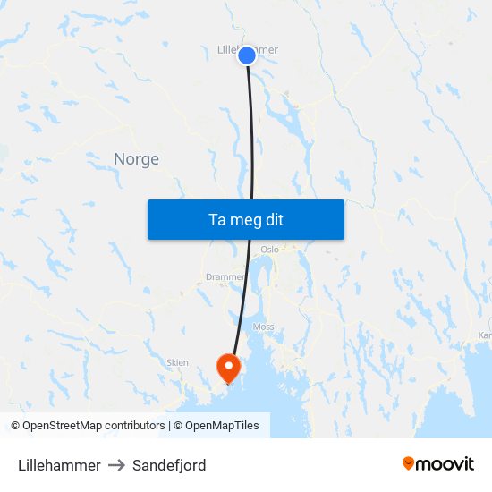 Lillehammer to Sandefjord map