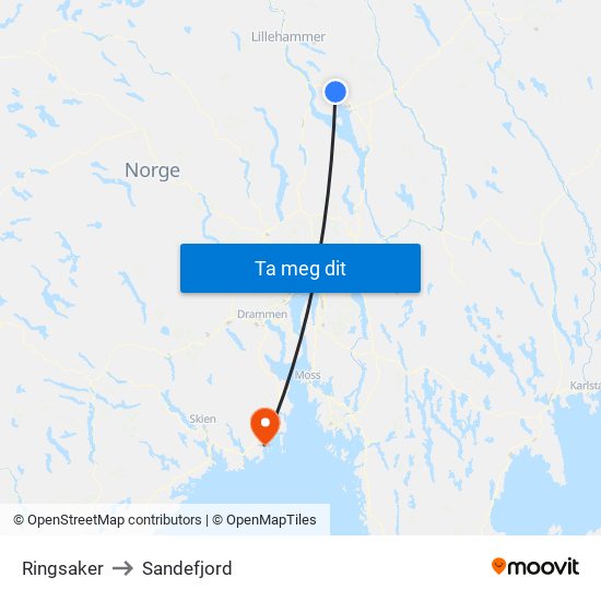 Ringsaker to Sandefjord map