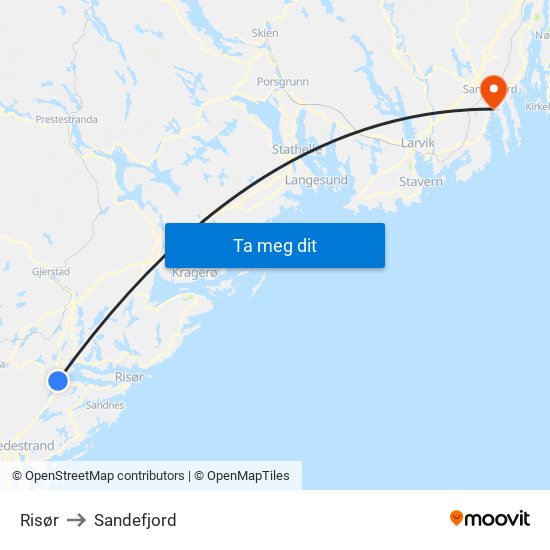 Risør to Sandefjord map