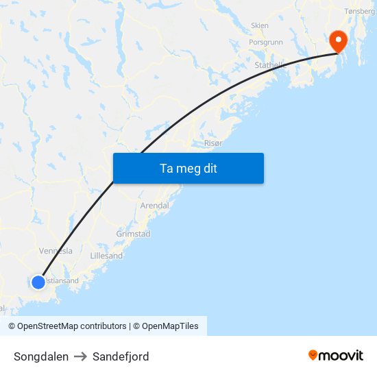 Songdalen to Sandefjord map