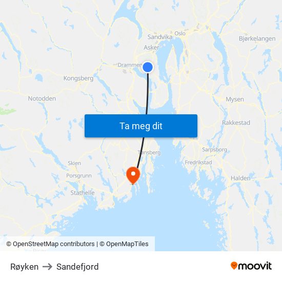 Røyken to Sandefjord map