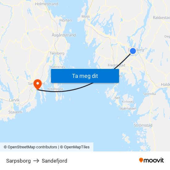 Sarpsborg to Sandefjord map