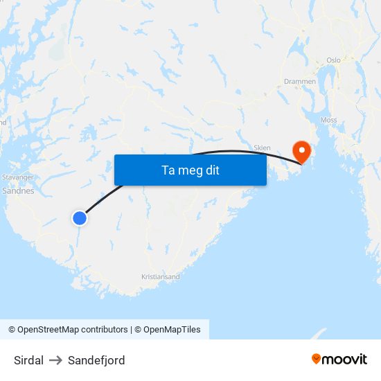 Sirdal to Sandefjord map