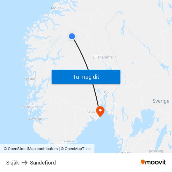 Skjåk to Sandefjord map
