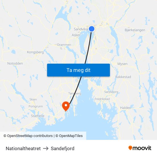 Nationaltheatret to Sandefjord map